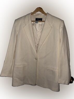 Sag Harbor Ivory Single-Breasted Blazer Jacket Size 12 Notch Lapel Lined Wool